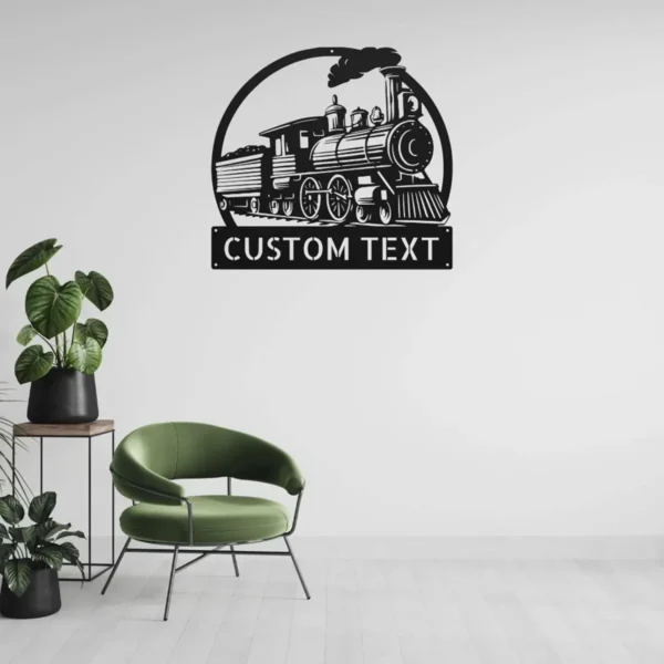 Custom Train Metal Sign Personalized Railroad Plaque Name Locomotive Railway Art Custom train metal sign in 16 gauge steel with personalized name for railroad wall decor, locomotive art, train room, garage, workshop and railway gift.