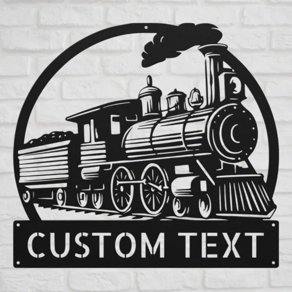 Custom Train Metal Sign Personalized Railroad Plaque Name Locomotive Railway Art Custom train metal sign in 16 gauge steel with personalized name for railroad wall decor, locomotive art, train room, garage, workshop and railway gift.