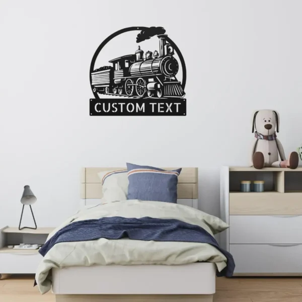 Custom Train Metal Sign Personalized Railroad Plaque Name Locomotive Railway Art Custom train metal sign in 16 gauge steel with personalized name for railroad wall decor, locomotive art, train room, garage, workshop and railway gift.