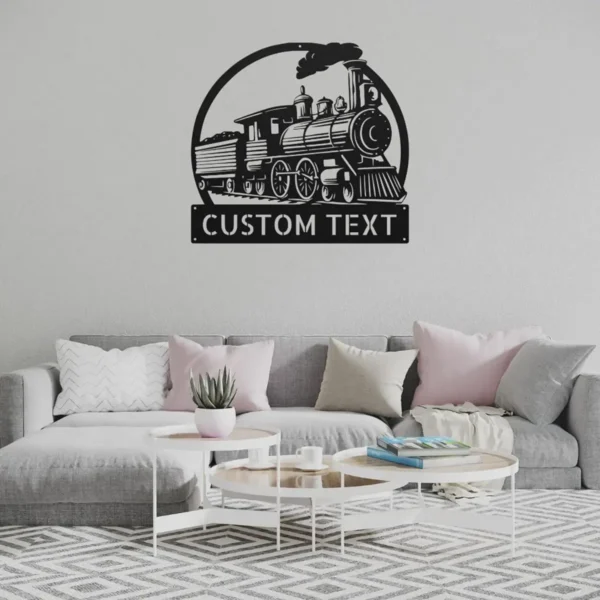 Custom Train Metal Sign Personalized Railroad Plaque Name Locomotive Railway Art Custom train metal sign in 16 gauge steel with personalized name for railroad wall decor, locomotive art, train room, garage, workshop and railway gift.