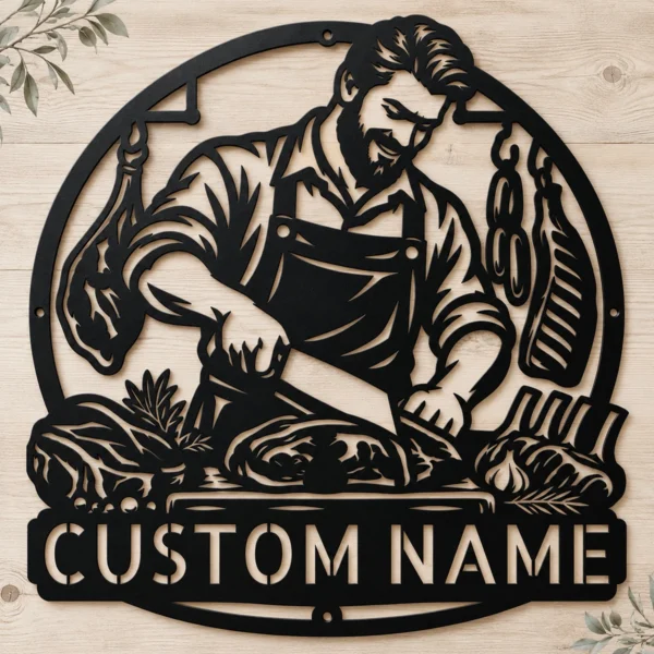 Personalized Butcher Metal Art Sign Custom Meat Market Plaque Kitchen Wall Decor Personalized butcher metal sign in 16 gauge steel with custom name for meat market wall decor, butcher shop, kitchen, restaurant and food lover gift.
