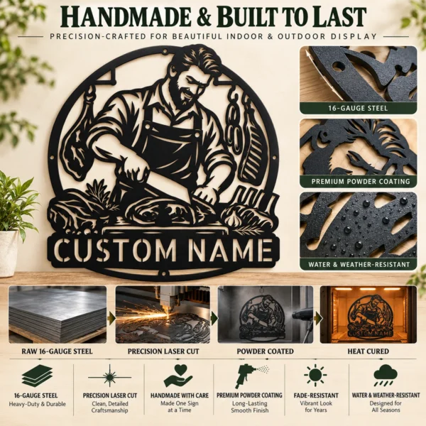Personalized Butcher Metal Art Sign Custom Meat Market Plaque Kitchen Wall Decor Personalized butcher metal sign in 16 gauge steel with custom name for meat market wall decor, butcher shop, kitchen, restaurant and food lover gift.