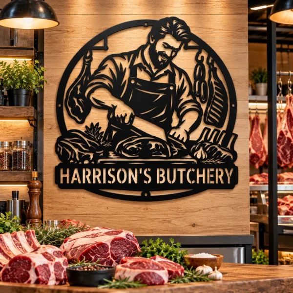 Personalized Butcher Metal Art Sign Custom Meat Market Plaque Kitchen Wall Decor Personalized butcher metal sign in 16 gauge steel with custom name for meat market wall decor, butcher shop, kitchen, restaurant and food lover gift.