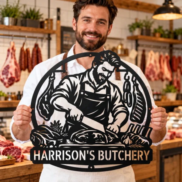 Personalized Butcher Metal Art Sign Custom Meat Market Plaque Kitchen Wall Decor Personalized butcher metal sign in 16 gauge steel with custom name for meat market wall decor, butcher shop, kitchen, restaurant and food lover gift.