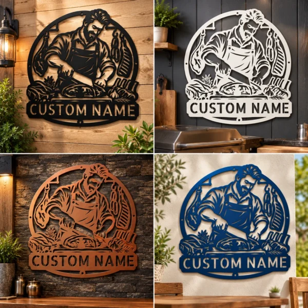 Personalized Butcher Metal Art Sign Custom Meat Market Plaque Kitchen Wall Decor Personalized butcher metal sign in 16 gauge steel with custom name for meat market wall decor, butcher shop, kitchen, restaurant and food lover gift.