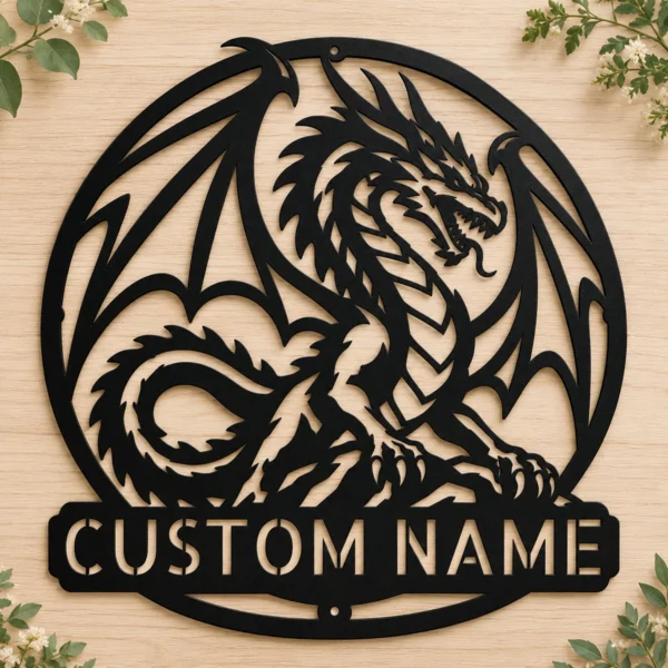 Personalized Dragon Metal Sign Custom Fantasy Wall Decor Gothic Medieval Artwork Personalized dragon metal sign in 16 gauge steel with custom name for fantasy wall decor, gothic medieval artwork, gaming room, man cave and gift.