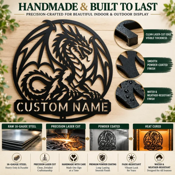 Personalized Dragon Metal Sign Custom Fantasy Wall Decor Gothic Medieval Artwork Personalized dragon metal sign in 16 gauge steel with custom name for fantasy wall decor, gothic medieval artwork, gaming room, man cave and gift.