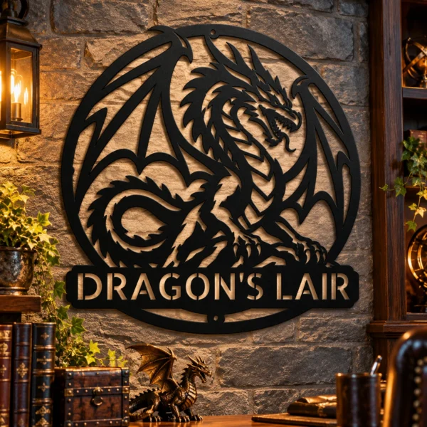 Personalized Dragon Metal Sign Custom Fantasy Wall Decor Gothic Medieval Artwork Personalized dragon metal sign in 16 gauge steel with custom name for fantasy wall decor, gothic medieval artwork, gaming room, man cave and gift.