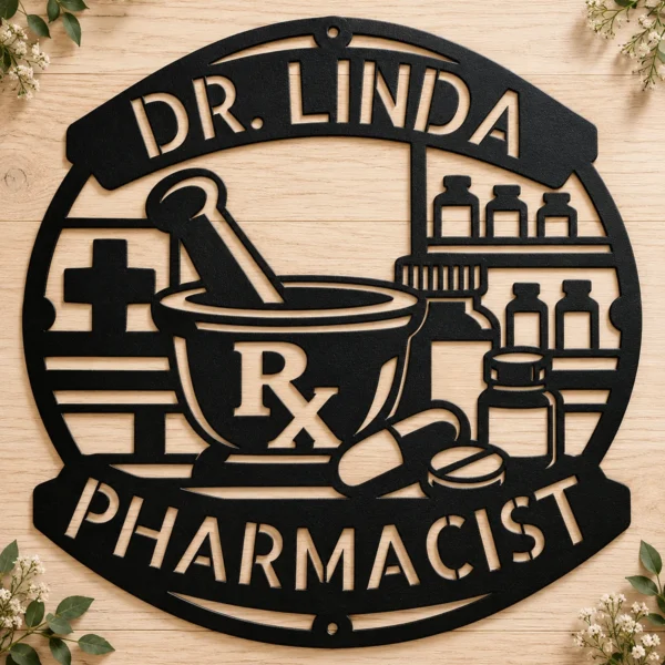 Personalized Pharmacist Metal Sign Custom Name Pharmacy Office Wall Decor Gift Personalized pharmacist metal sign in 16 gauge steel with custom name for pharmacy office wall decor, medical clinic, study room and pharmacist gift.