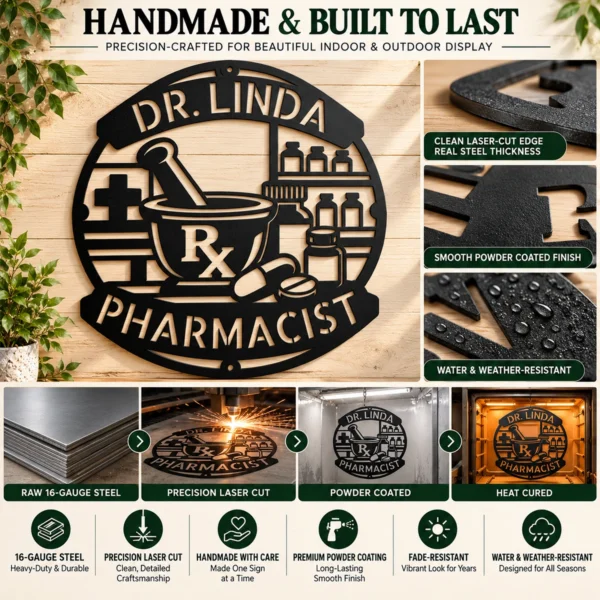 Personalized Pharmacist Metal Sign Custom Name Pharmacy Office Wall Decor Gift Personalized pharmacist metal sign in 16 gauge steel with custom name for pharmacy office wall decor, medical clinic, study room and pharmacist gift.