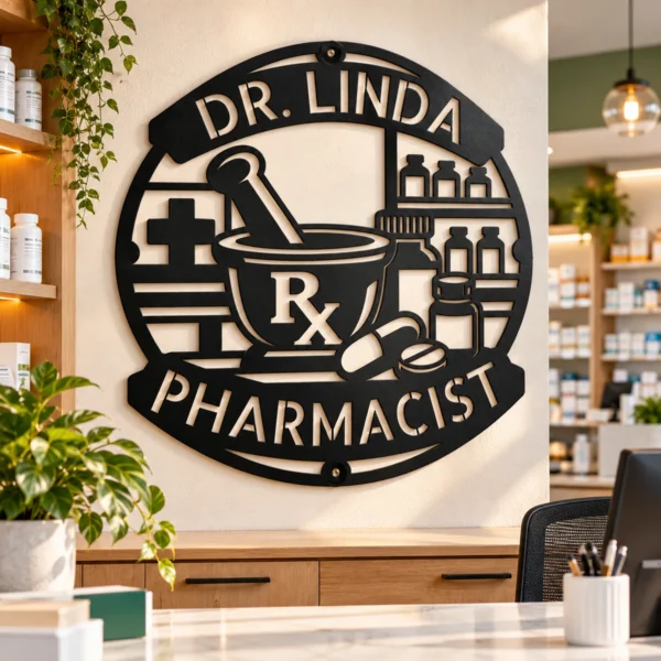 Personalized Pharmacist Metal Sign Custom Name Pharmacy Office Wall Decor Gift Personalized pharmacist metal sign in 16 gauge steel with custom name for pharmacy office wall decor, medical clinic, study room and pharmacist gift.