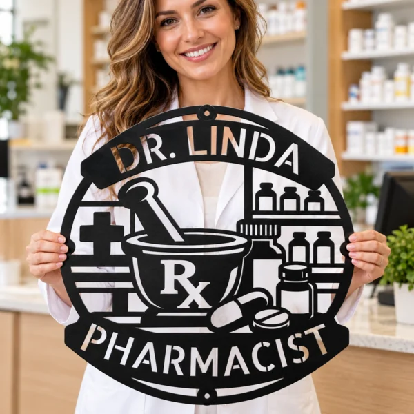 Personalized Pharmacist Metal Sign Custom Name Pharmacy Office Wall Decor Gift Personalized pharmacist metal sign in 16 gauge steel with custom name for pharmacy office wall decor, medical clinic, study room and pharmacist gift.