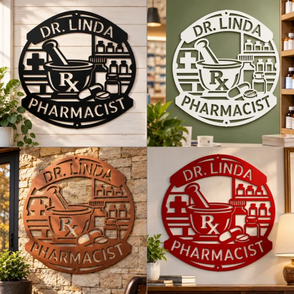 Personalized Pharmacist Metal Sign Custom Name Pharmacy Office Wall Decor Gift Personalized pharmacist metal sign in 16 gauge steel with custom name for pharmacy office wall decor, medical clinic, study room and pharmacist gift.