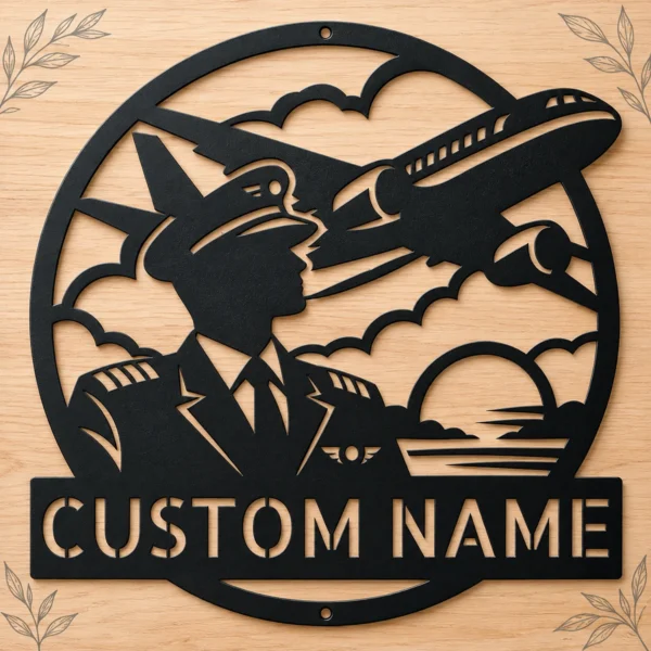 Personalized Pilot Metal Sign Custom Name Aviator Gift Airplane Hangar Decor Custom pilot metal sign in 16 gauge steel with personalized name for aviation hangar wall decor, flight school, garage, office and pilot gift.