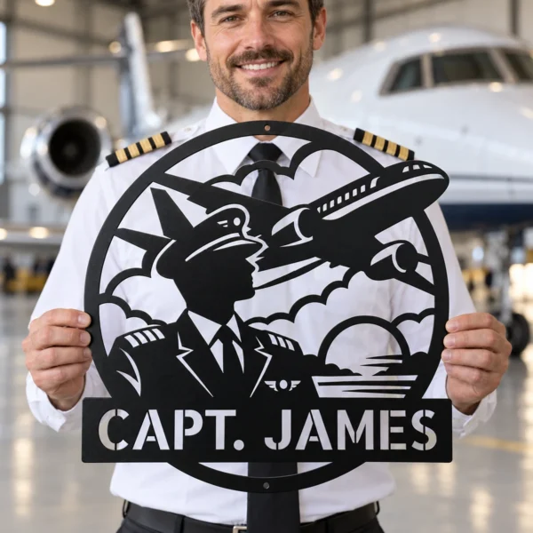 Personalized Pilot Metal Sign Custom Name Aviator Gift Airplane Hangar Decor Custom pilot metal sign in 16 gauge steel with personalized name for aviation hangar wall decor, flight school, garage, office and pilot gift.