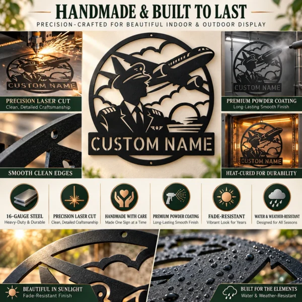 Personalized Pilot Metal Sign Custom Name Aviator Gift Airplane Hangar Decor Custom pilot metal sign in 16 gauge steel with personalized name for aviation hangar wall decor, flight school, garage, office and pilot gift.