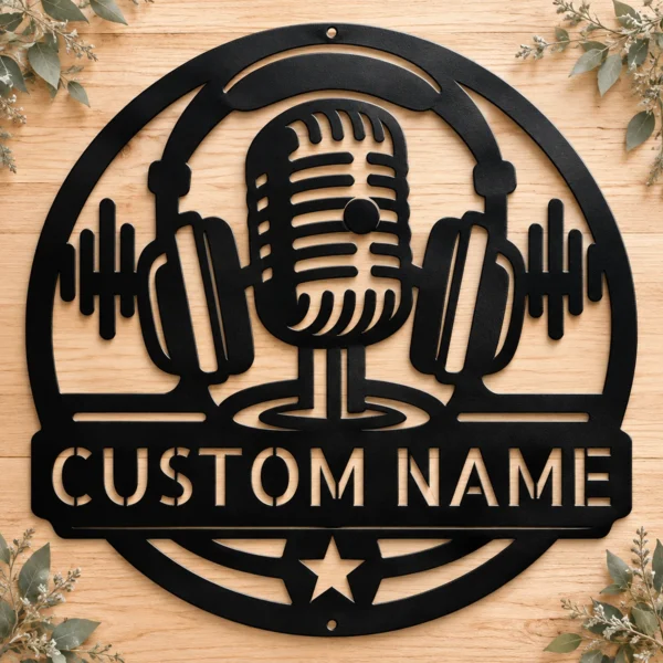 Personalized Podcaster Metal Sign Custom Recording Studio Name Sign Mic Wall Art Personalized podcaster metal sign in 16 gauge steel with custom recording studio name and microphone design for podcast room, studio, office and gift.