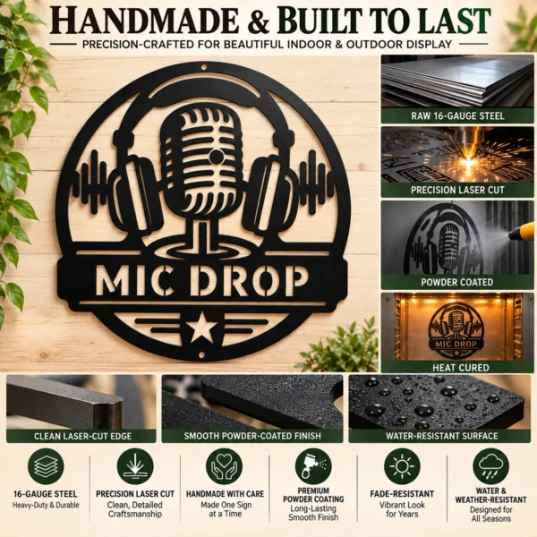 Personalized podcaster metal sign in 16 gauge steel with custom recording studio name and microphone design for podcast room, studio, office and gift.
