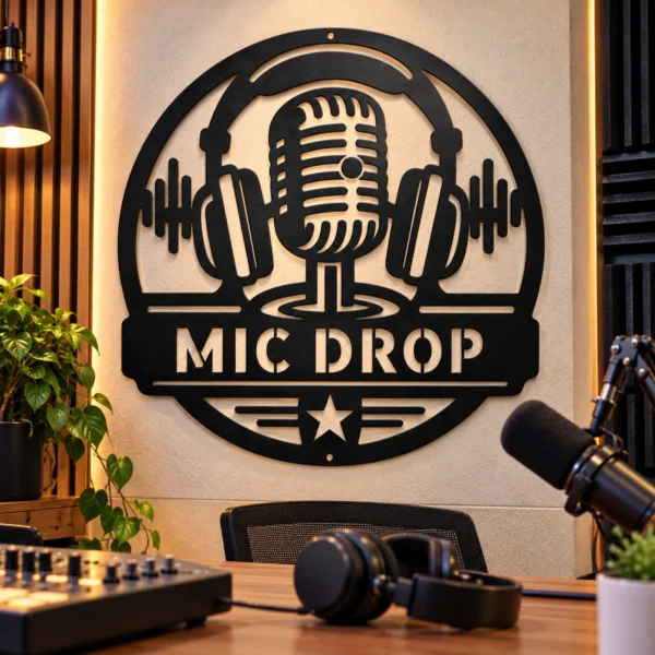 Personalized podcaster metal sign in 16 gauge steel with custom recording studio name and microphone design for podcast room, studio, office and gift.