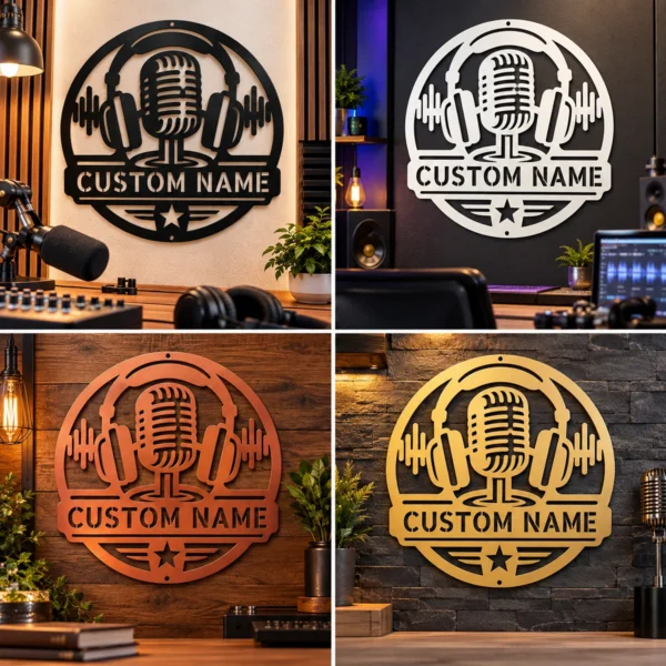 Personalized podcaster metal sign in 16 gauge steel with custom recording studio name and microphone design for podcast room, studio, office and gift.
