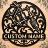 Personalized tattooer metal sign in 16 gauge steel with custom tattoo shop name for studio wall decor, tattoo artist workspace, shop and gift.