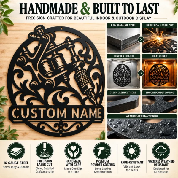 Personalized tattooer metal sign in 16 gauge steel with custom tattoo shop name for studio wall decor, tattoo artist workspace, shop and gift.