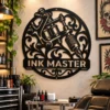 Personalized tattooer metal sign in 16 gauge steel with custom tattoo shop name for studio wall decor, tattoo artist workspace, shop and gift.