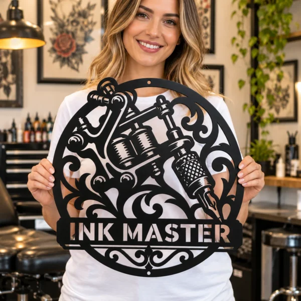 Personalized tattooer metal sign in 16 gauge steel with custom tattoo shop name for studio wall decor, tattoo artist workspace, shop and gift.