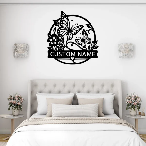 Custom butterflies metal sign with personalized name, butterfly wall decor and garden art, perfect for gardens, patios, nature lovers and unique gifts.