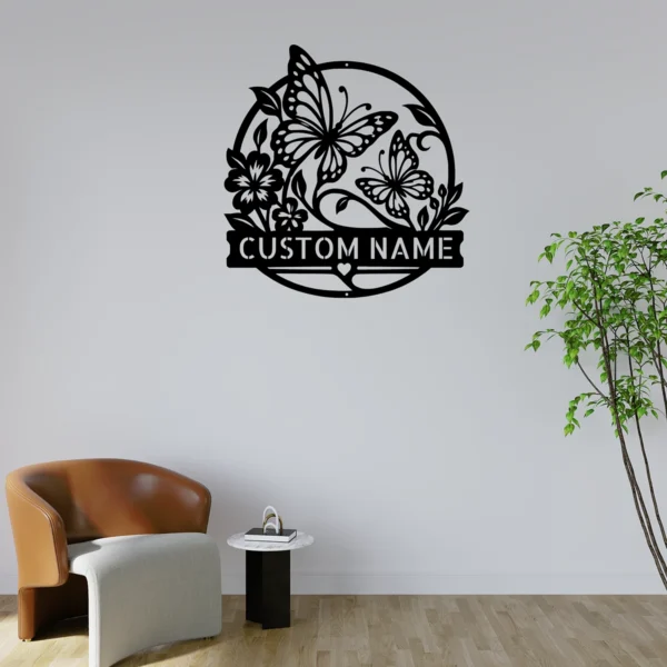 Custom butterflies metal sign with personalized name, butterfly wall decor and garden art, perfect for gardens, patios, nature lovers and unique gifts.