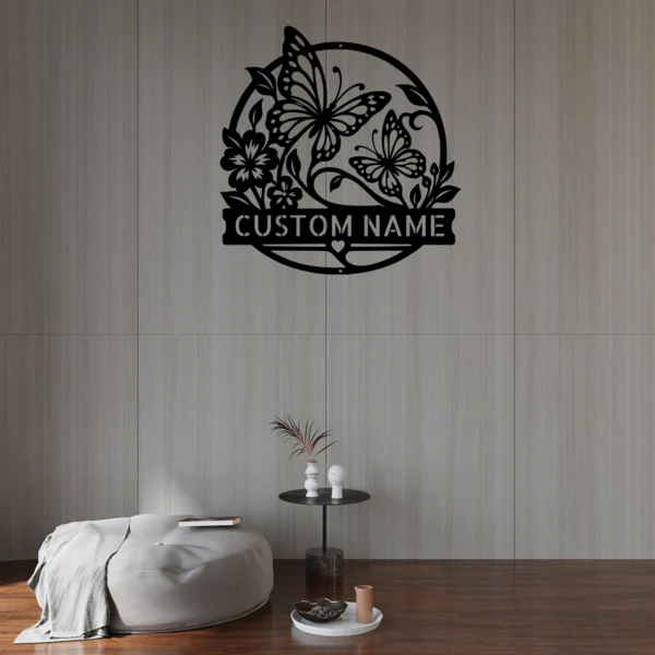 Custom butterflies metal sign with personalized name, butterfly wall decor and garden art, perfect for gardens, patios, nature lovers and unique gifts.