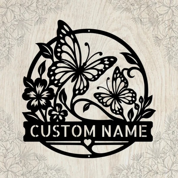 Custom butterflies metal sign with personalized name, butterfly wall decor and garden art, perfect for gardens, patios, nature lovers and unique gifts.