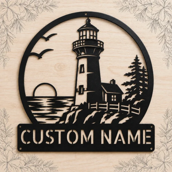 Custom Lighthouse Metal Sign Personalized Nautical Beach House Wall Decor Custom lighthouse metal sign with personalized beach house or family name, nautical coastal wall decor for seaside homes, cottages and ocean lovers.