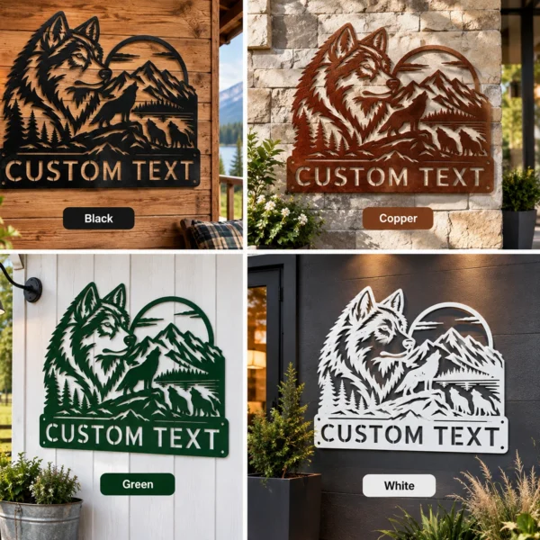 Custom Howling Wolf Metal Sign Personalized Forest Wildlife Cabin Wall Decor Custom howling wolf metal sign with personalized name, forest wildlife wall decor and rustic cabin art for nature lovers, hunters and outdoor enthusiasts.
