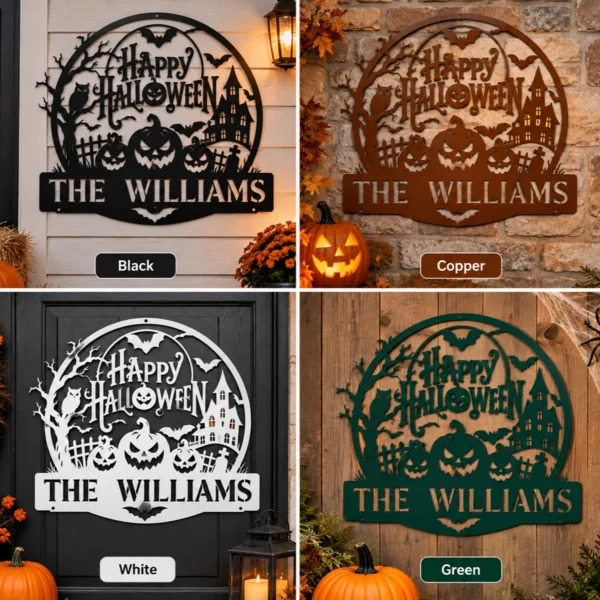 Custom Halloween Metal Sign Personalized Family Name Haunted House Decor Custom Halloween metal sign with personalized family name, haunted house design and spooky wall decor for porches, entryways and Halloween home displays.