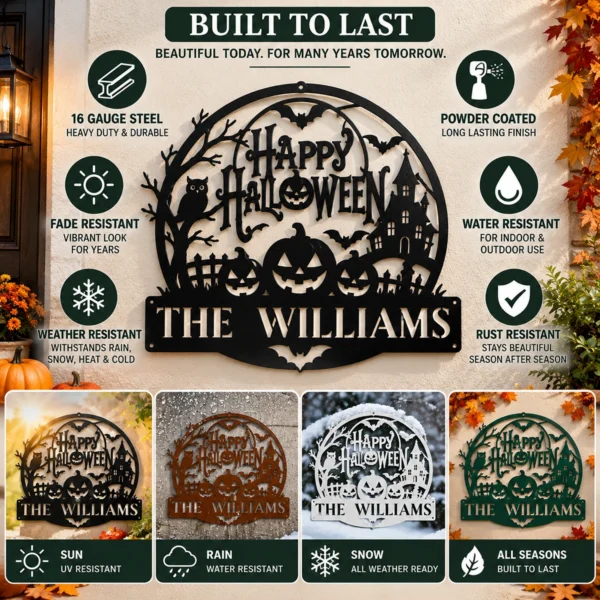Custom Halloween Metal Sign Personalized Family Name Haunted House Decor Custom Halloween metal sign with personalized family name, haunted house design and spooky wall decor for porches, entryways and Halloween home displays.