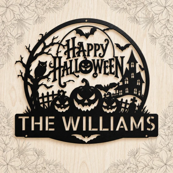 Custom Halloween Metal Sign Personalized Family Name Haunted House Decor Custom Halloween metal sign with personalized family name, haunted house design and spooky wall decor for porches, entryways and Halloween home displays.