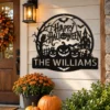 Custom Halloween Metal Sign Personalized Family Name Haunted House Decor Custom Halloween metal sign with personalized family name, haunted house design and spooky wall decor for porches, entryways and Halloween home displays.