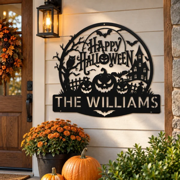 Custom Halloween Metal Sign Personalized Family Name Haunted House Decor Custom Halloween metal sign with personalized family name, haunted house design and spooky wall decor for porches, entryways and Halloween home displays.