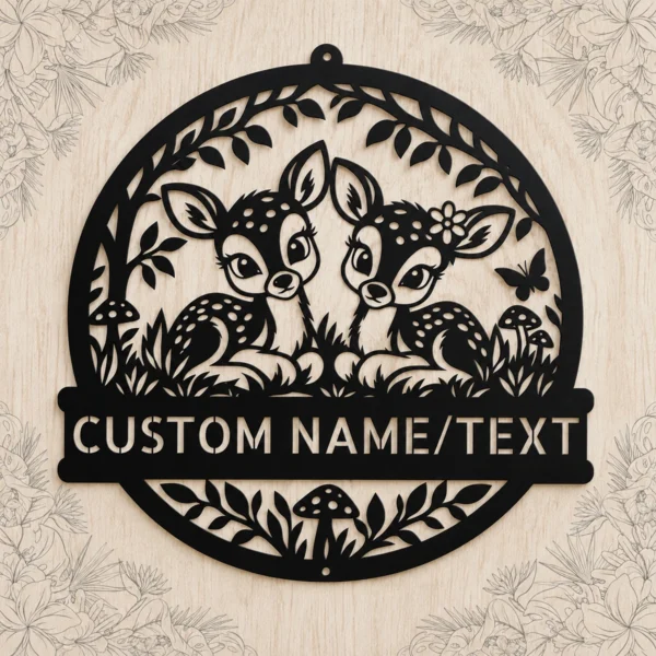 Custom Deer Metal Sign Personalized Fawn Woodland Nursery Wall Decor Gift Custom deer metal sign with personalized child name and cute fawn design, woodland nursery wall decor for baby rooms, kids bedrooms and baby shower gifts.