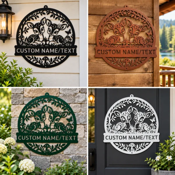Custom Deer Metal Sign Personalized Fawn Woodland Nursery Wall Decor Gift Custom deer metal sign with personalized child name and cute fawn design, woodland nursery wall decor for baby rooms, kids bedrooms and baby shower gifts.