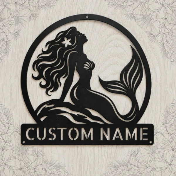 Custom Mermaid Metal Sign Personalized Beach House Nautical Wall Decor Gift Custom mermaid metal sign with personalized name, nautical beach house wall decor and coastal ocean art gift for mermaid lovers and seaside homes.