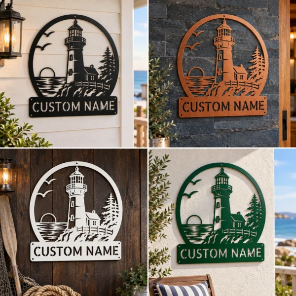 Custom Lighthouse Metal Sign Personalized Nautical Beach House Wall Decor Custom lighthouse metal sign with personalized beach house or family name, nautical coastal wall decor for seaside homes, cottages and ocean lovers.