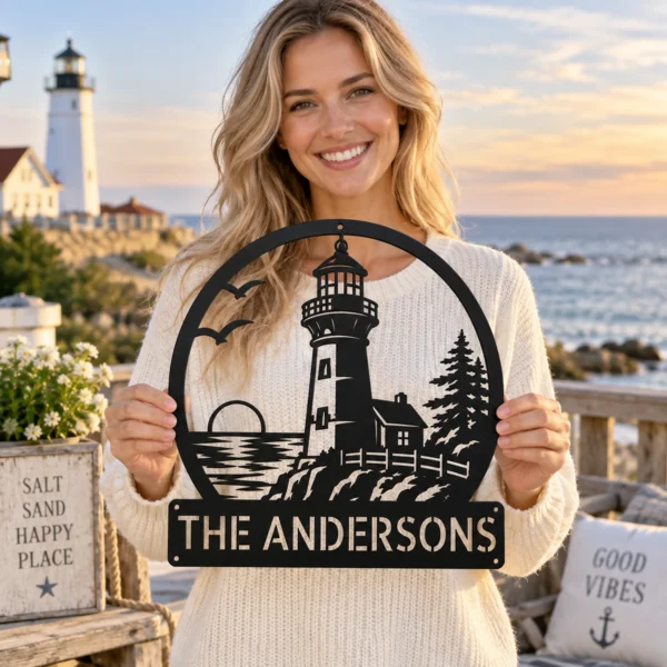 Custom Lighthouse Metal Sign Personalized Nautical Beach House Wall Decor Custom lighthouse metal sign with personalized beach house or family name, nautical coastal wall decor for seaside homes, cottages and ocean lovers.
