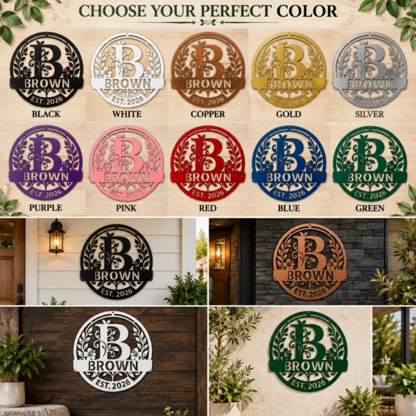 Custom family name metal art sign personalized with last name and established year, outdoor wall decor for porches, homes, weddings and housewarming gifts.