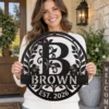 Custom family name metal art sign personalized with last name and established year, outdoor wall decor for porches, homes, weddings and housewarming gifts.