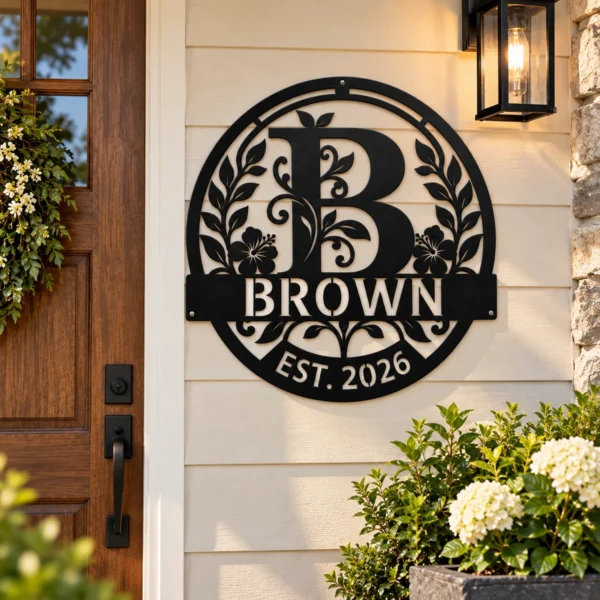 Custom family name metal art sign personalized with last name and established year, outdoor wall decor for porches, homes, weddings and housewarming gifts.