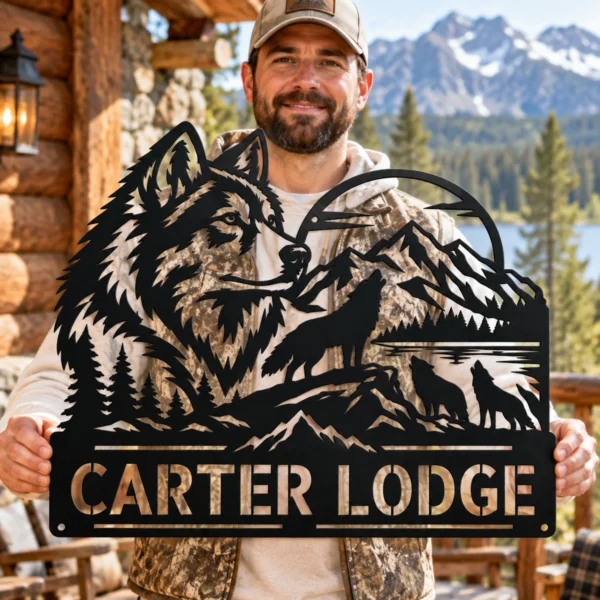 Custom Howling Wolf Metal Sign Personalized Forest Wildlife Cabin Wall Decor Custom howling wolf metal sign with personalized name, forest wildlife wall decor and rustic cabin art for nature lovers, hunters and outdoor enthusiasts.
