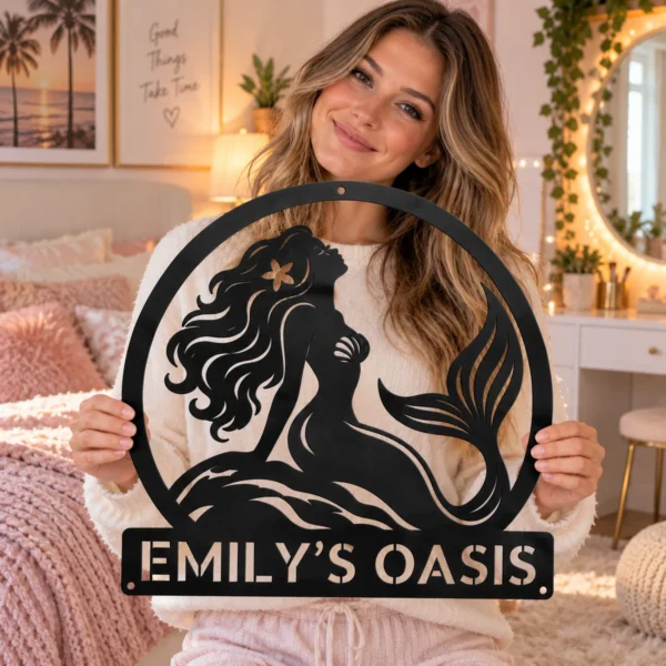Custom Mermaid Metal Sign Personalized Beach House Nautical Wall Decor Gift Custom mermaid metal sign with personalized name, nautical beach house wall decor and coastal ocean art gift for mermaid lovers and seaside homes.