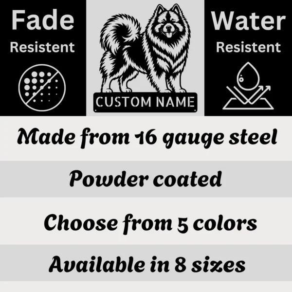 Custom Keeshond metal sign with personalized dog name and Wolfspitz silhouette, unique dog wall decor and pet gift for Keeshond owners and dog lovers.
